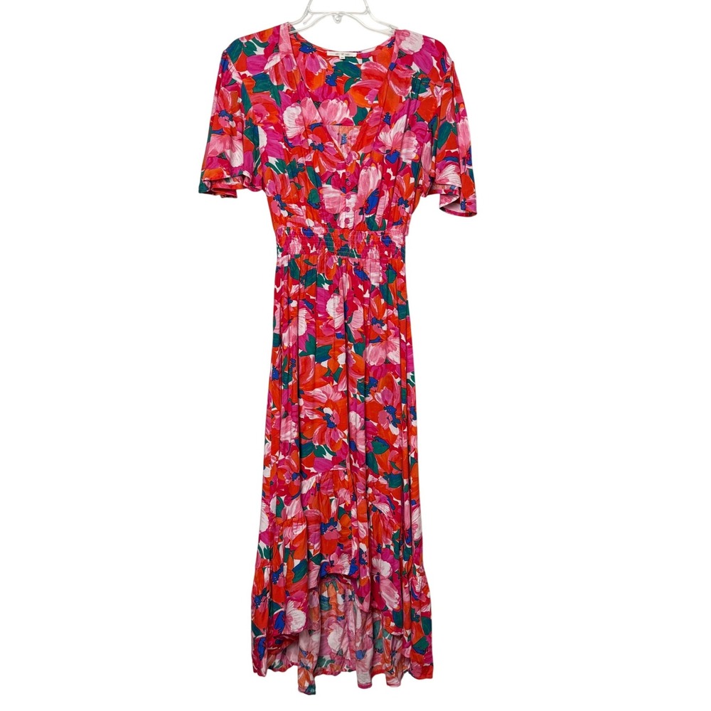 Abel The Label Pink Floral High Low Maxi Dress M Boho Smocked V-Neck Flutter